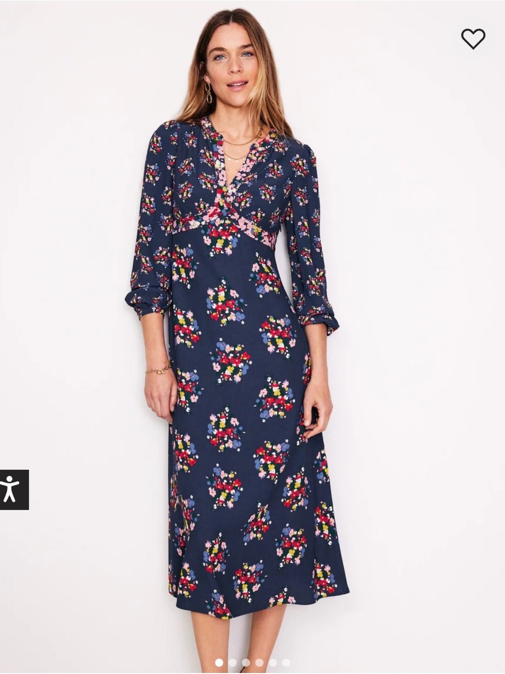 Boden Navy Floral Midi Dress with Multicolor Bouquet Print